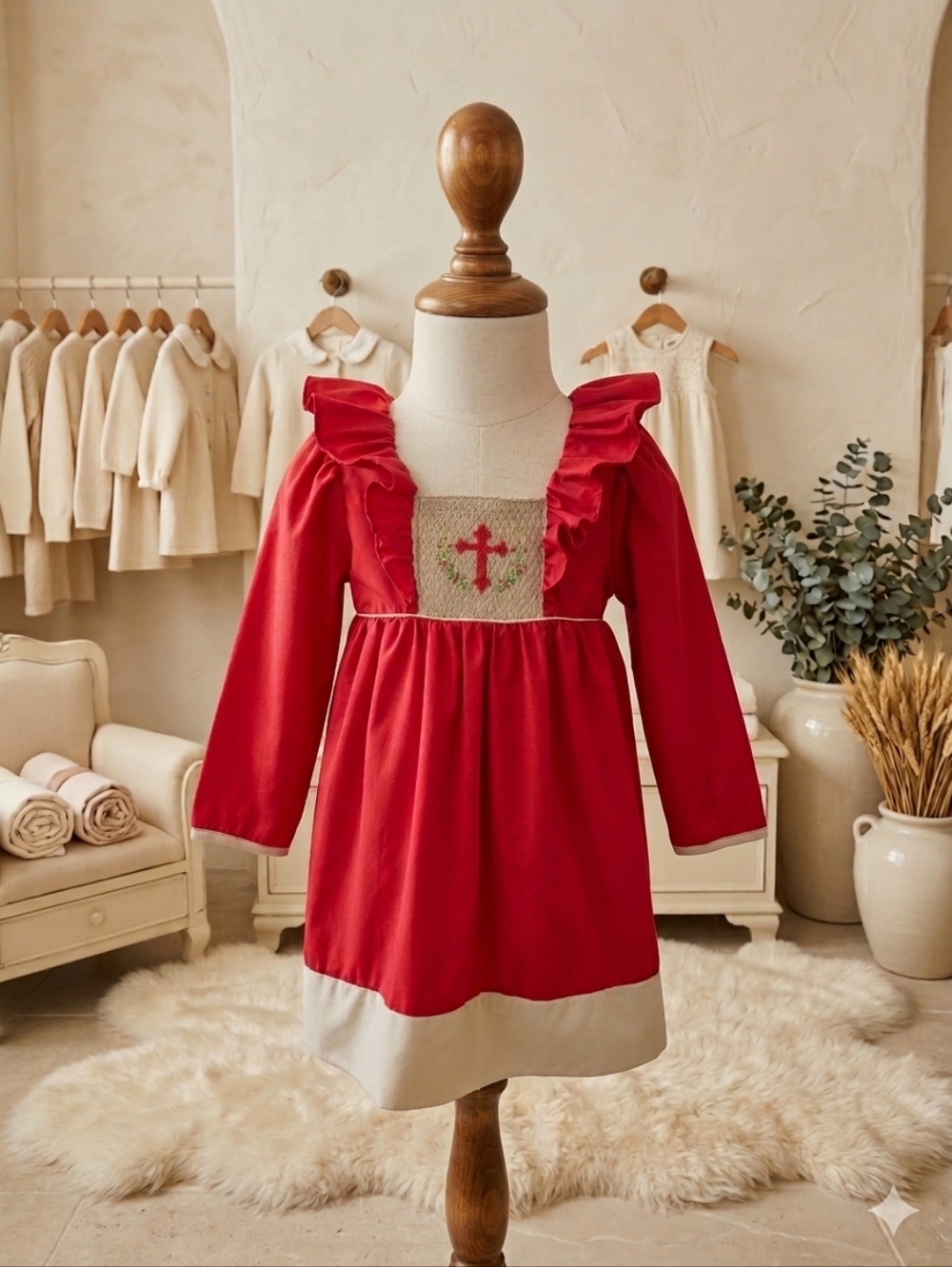 Smocked Candy Red Christmas Dress w/ Cross & Holly | 18M